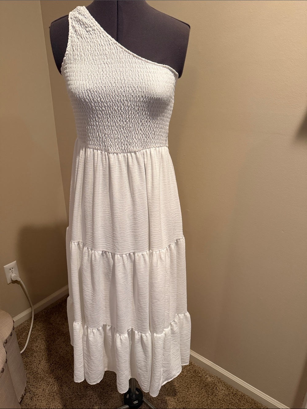 Smocked One-Shoulder White Tiered Maxi Dress